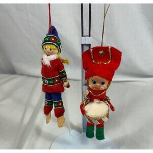 Vintage Christmas Tree Ornaments Skiing Girl Elf and Drummer Boy Winter
